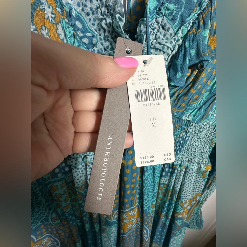 NEW Anthropologie The Odetta Ruffled V-Neck‎ Maxi LS flowy Dress Teal Size  M - Picture 12 of 17